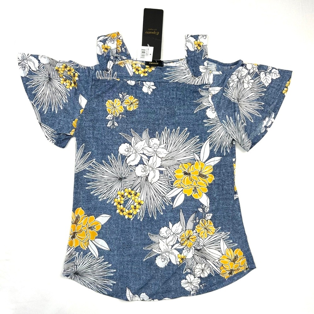 Espresso Los Angeles Women Blue Tropical Floral Cold Shoulder Top MIT18597 M